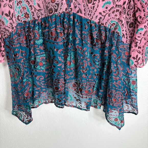 Anthropologie Floreat Valo Velvet Burnout Boho Silk Blend Teal Pink Top S - Picture 9 of 12